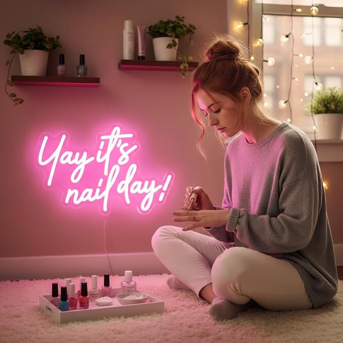 Yay It's Nail Day Neon Sign Pink LED Sign for Nail Salon Beauty Room | Dimmable Nail Day Sign for Girls Bedroom Nail Technicians Beauty Lovers Nail Workspace Nail Station Manicure Room Makeup Room