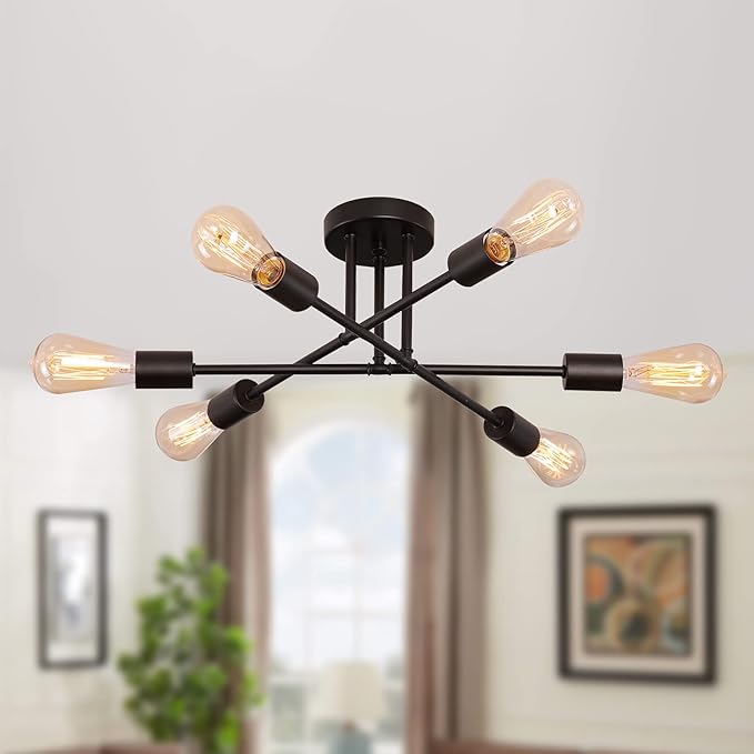 Black Modern Sputnik Chandelier Ceiling Light Fixtures,6-Lights Industrial Metal Semi Flush Mount Ceiling Light for Bedroom Dining Room Living Room Kitchen Hallway UL Listed