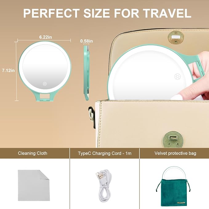 Mocado 1X/20X Magnifying Mirror with Light, Travel Makeup Mirror with Light | Double Sides Travel Mirror with 3 Color Light, Dimmable Touch, 1500mAh Rechargeable, Brightness Adjustable(Green)