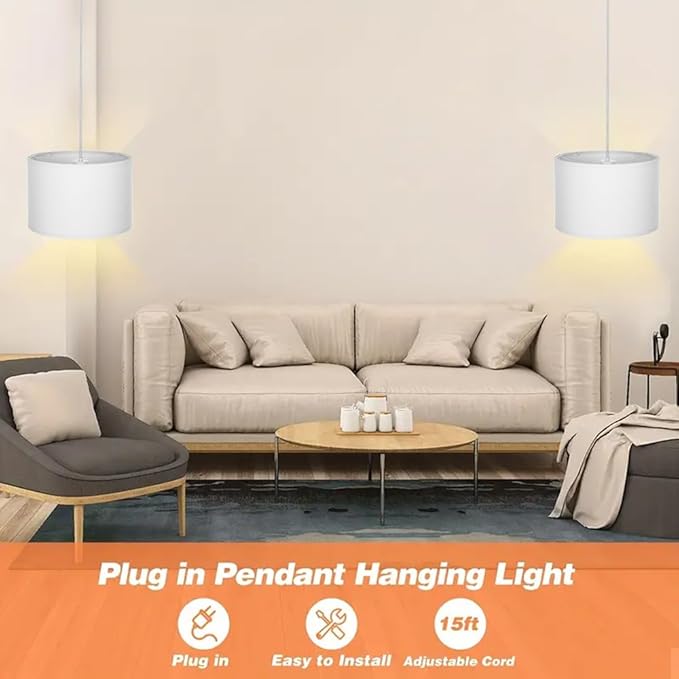 15FT Plug in Pendant Light, Hanging lamp with Switch,White Hanging Lights with Plug in Cord, Pendant Lamp with Remote Control，Pendant Light Fixture for Living Room Bedroom Farmhouse