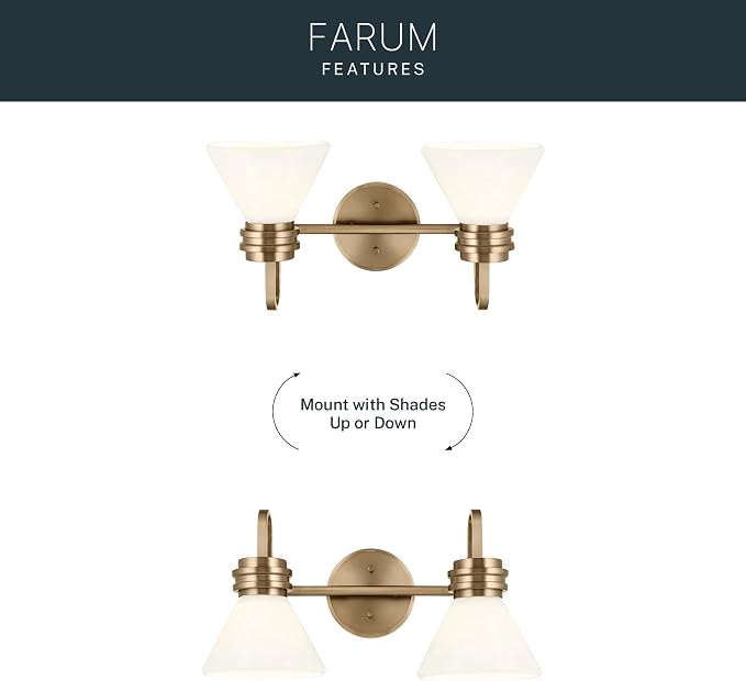 Kichler Farum 2-Light Bathroom Vanity Light, Champagne Bronze | Modern vanity light with opal glass for bathroom mirrors (19.25" x 9.5"), 55154CPZ