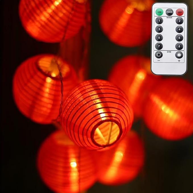 Red Lantern String Lights 9.8ft 20 LEDs Battery Operated with Remote Control Hanging Lanterns String Lights for Chinese New Year,Spring Festival,Wedding,Party Decoration,Christmas