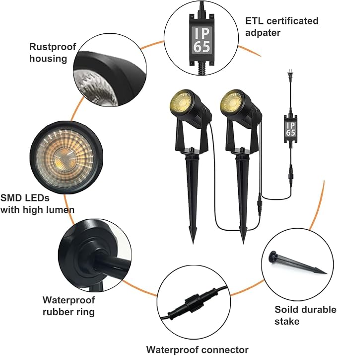 SUNTHIN Outdoor Landscape Lighting, 12 Pack LED Spot Lights Kit, Warm White | IP65 Waterproof, Extendable, Connects up to 20 lamp heads, for Garden, Yard, House, Lawn, Tree, Flags, Fence Use