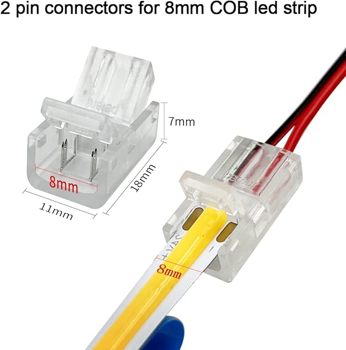 HAMRVL 12 Pack 8mm Cob Led Strip Light Connectors 2 Pin, Led Strip to Wire Solderless Transparent Track Lighting Adapter Connection with 6M/19.68ft Led Wire Extension Cable for White Led Tape 12/24V