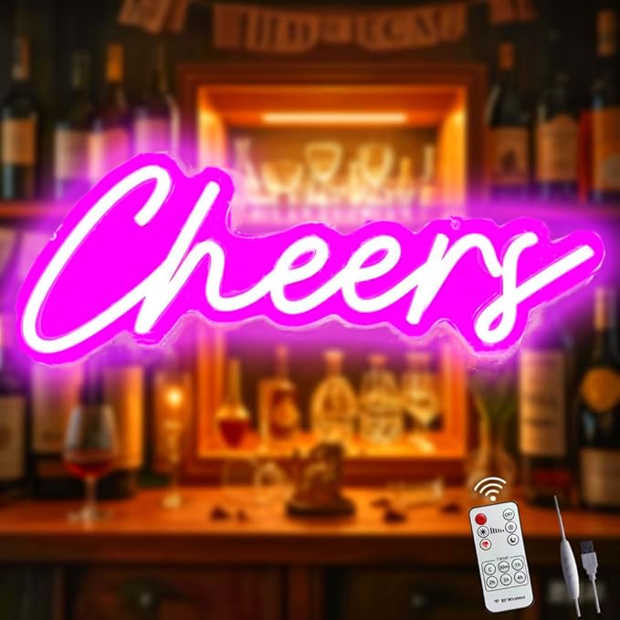Upgraded Cheers Neon Sign with Timer Remote Control,5V USB Powered Cheers LED Signs for Home Pub,Birthday,Wedding,Bar Cart,Party 16.5 * 7in(Flash/Dimmable/Timmer)