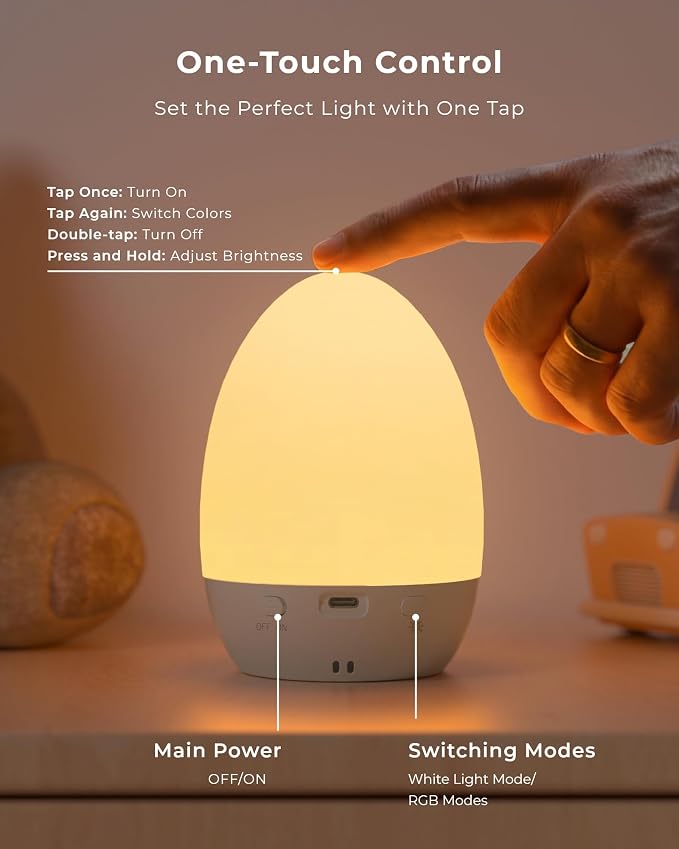 Egg Light for Nursery, Eye-Caring Touch Control Rechargeable Baby Night Light with 17 Color Modes, Dimmable Night Feeding Egg Light for New Parents & Kids Bedroom