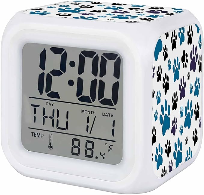 Alarm Clock Blue Paw Print Digital Clock Battery Operated Silent, Black Animals Cat Dog Colored Cartoon Decorative 7 Color LED Night Light Cube Alarm Clocks for Bedrooms Bedside Office