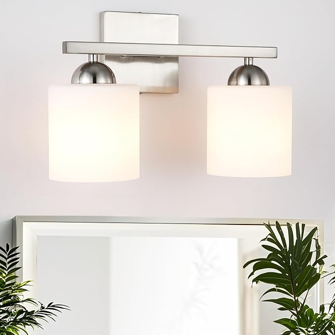 2 Light Brushed Nickel Vanity Lights for Bathroom, Modern Bathroom Light Fixtures Over Mirror, Vanity Light with Milky White Glass Shades, Farmhouse Wall Lights, E26 Socket