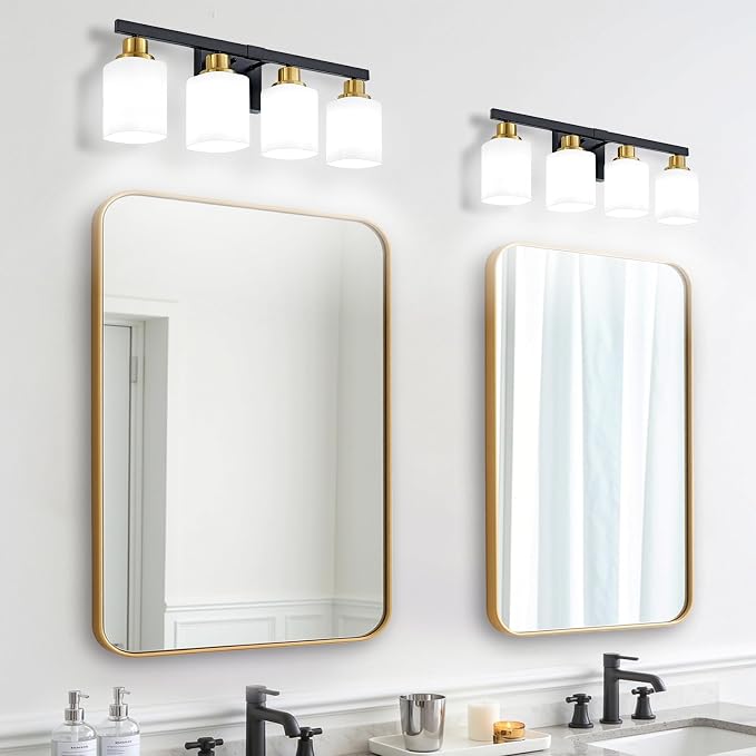 4-Light Vanity Light for Bathroom,Black and Gold Bathroom Light 24" | Bathroom Light Fixture with Square Frosted Glass, Wall Sconces fixtures Over Mirror Sink Restroom,Living Room Hallway