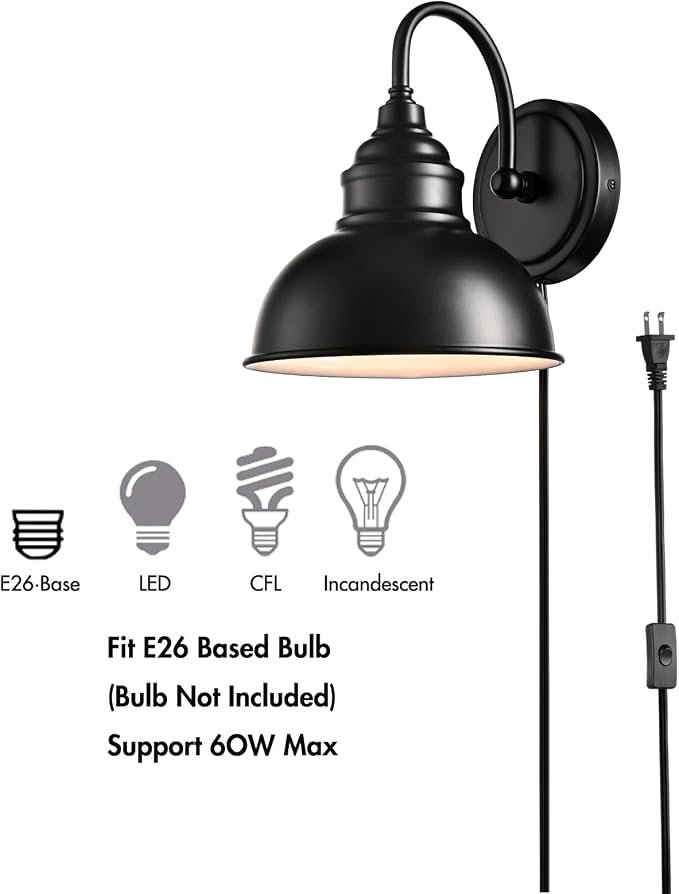 Mini Gooseneck Wall Sconce, 2-Way Mount with Switch, Black | Flexible Gooseneck, Plug-in & Hardwired Dual Installation, On/Off Switch Included, Fits Bedroom, Corridor, Porch