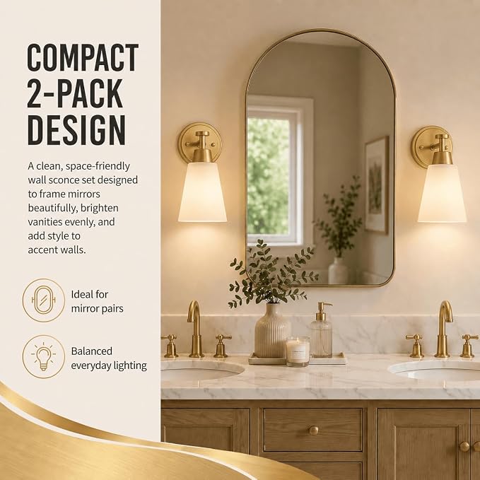 Wall Light Fixtures, 2-Pack Brushed Gold Vanity Lights with Milk Glass Shade, Modern Farmhouse Wall Sconces for Gallery, Mirror, Bedroom, and Bathroom,1 Light