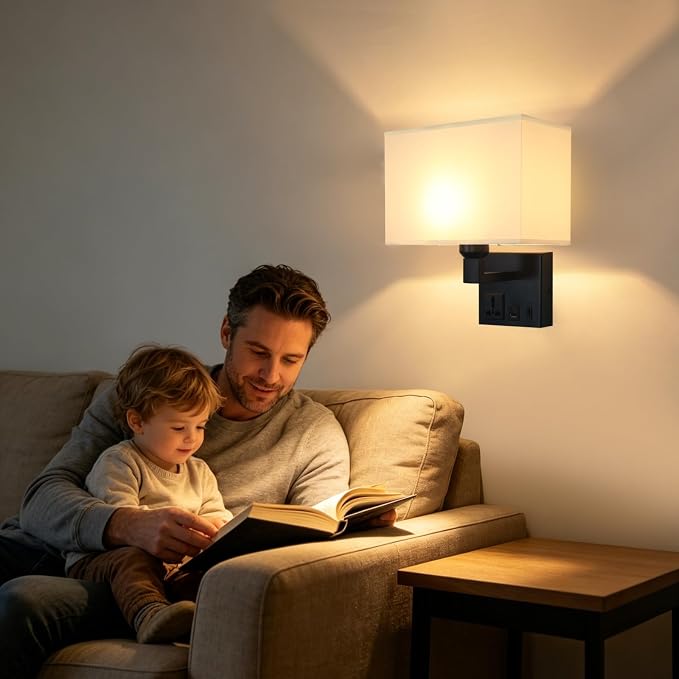 Plug in Wall Sconces, Wall Lamp with Black Base Square lampshade | Wall Lights for Bedroom Bulb Included, Wall Mounted Lamp with 3 Color Temperature, Bedside Lamps with USB Ports and AC Outlet