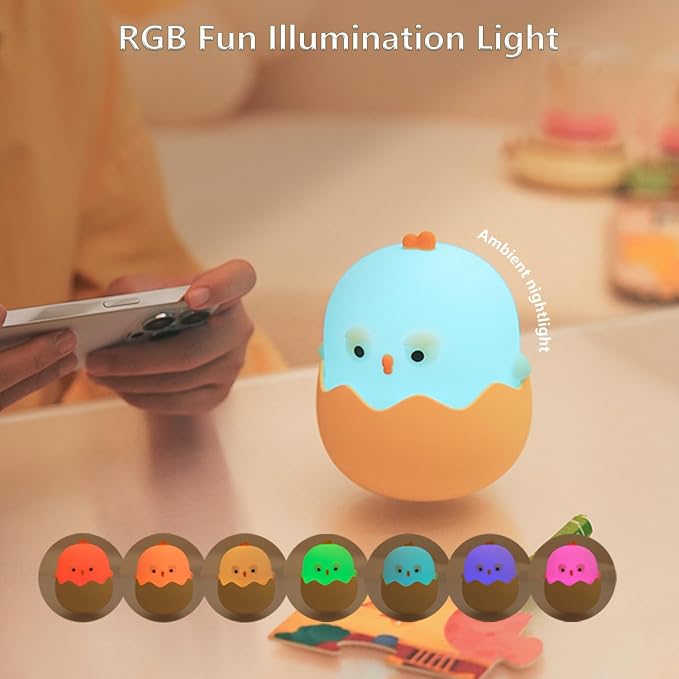 Cute Eggshell Chick Night Light, 7 Colors Dimmable Chick Nightlight, LED Bedside Lamp, Touch-Sensitive for Bedroom, Living Room(Eggshell Chick)