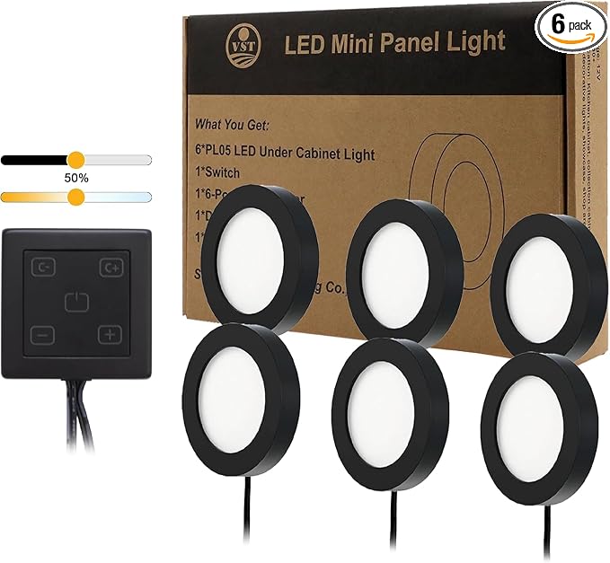 VST Under Cabinet Lights CCT 3000K-6000K, Puck Lights Color Temperature and Brightness Adjustable with Touch Switch and ETL Listed Led Driver, Plug in Led Light for Kitchen Under Cabinet Wardrobe