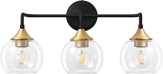 Bathroom Light Fixtures 3-Light Black and Gold Vanity Light 22" | Farmhouse Bathroom Lights, Thickened Clear Glass Shade, UL E26 Dimmable Vanity Lighting Fixtures Over Mirror