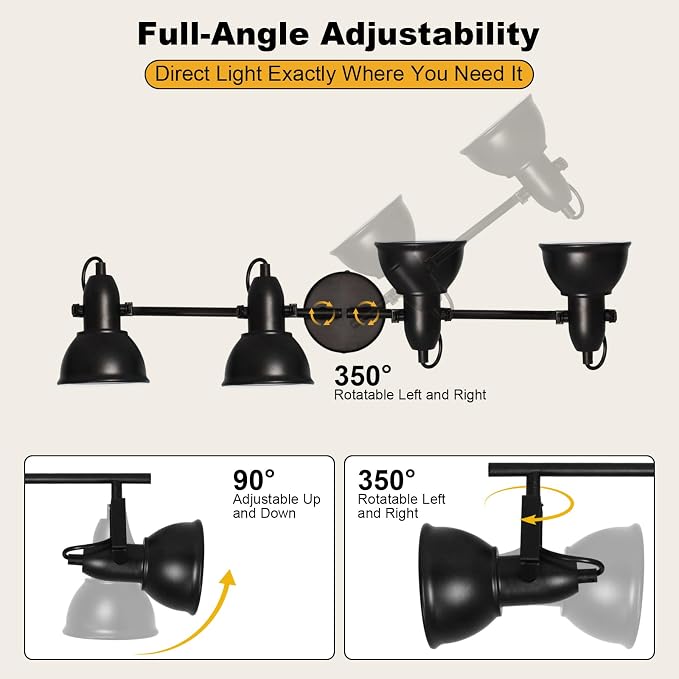HiBay Track Lighting Fixtures Ceiling Black, Adjustable 4-Light Spotlight | Industrial LED Track Lights for Kitchen, Dining Room, Bedroom, E26 Base (Bulb Not Included)