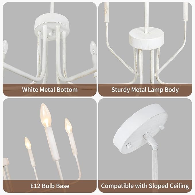 French Country Chandelier, 6-Light Antique White Farmhouse Chandelier for Dining Room Lighting Fixtures Hanging, Industrial Modern Chandelier for Bedroom Foyer Kitchen Living Room Entryway