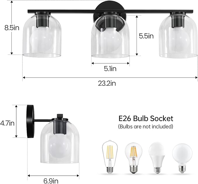 WOSHITU Bathroom Vanity Light Fixtures: 23.3 Inch Modern Matte Black Bathroom Lighting Fixtures Over Mirror with Clear Glass Shade, 3 Light Vanity Lighting Fixtures Wall Lights Over Mirror