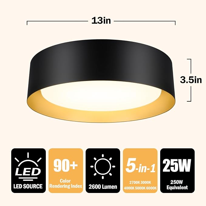 Flush Mount Ceiling Light, 13in Modern Ceiling Light 5 Color Temperature | 25W Bathroom Ceiling Light Fixture, 2600LM Dimmable LED Flush Mount Light for Bedroom, Hallway, Kitchen, Black & Gold, 2-Pack