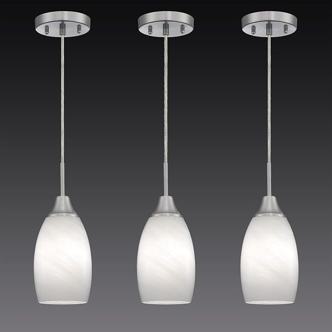 Viinew 3-Pack Glass Pendant Light,Mini White Swirl Glass Pendant Light | Handblown White Art Oval Glass Hanging Pendant Light for Kitchen Island Dining Room Living Foyer Brushed Nickel Finish