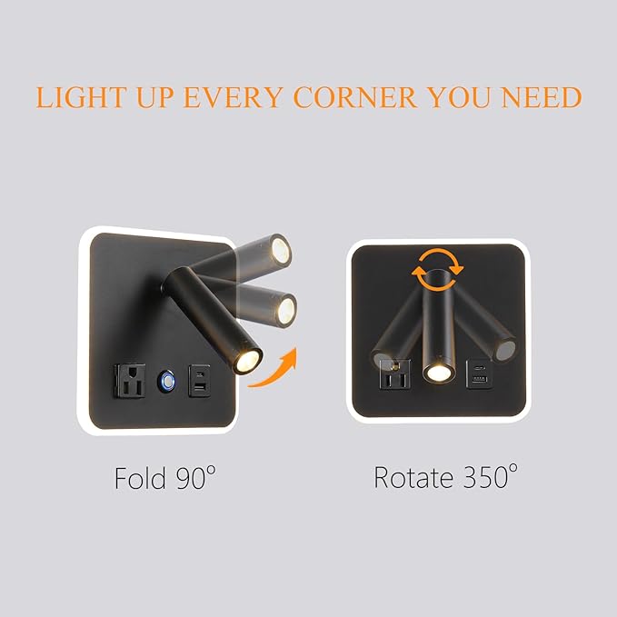 LED Wall Lamp Dimming Wall Mounted Reading Lights, Adjustable Headboard Plug in Wall Sconce with USB+USB C Ports, Headboard Bedside Lamp with 6W+3W Night Light 3000K (Black)