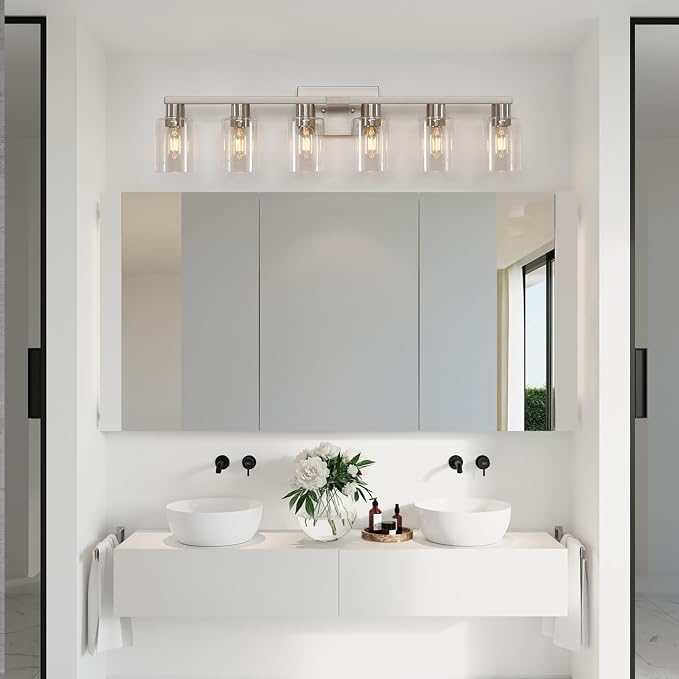 6-Light Bathroom Vanity Light, Brushed Nickel Vanity Lights for Bathroom, Bathroom Lights Fixtures Over Mirror, Large Vanity Light Over Mirror Modern Wall Sconce with Clear Glass Shade