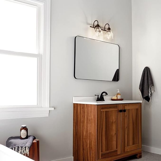 Kichler Avery 15" Bathroom Vanity Industrial 2 Light Wall Fixture with Clear Seeded Glass in Black, for Bathroom (8.25" x 15" x 9.5") 45972BK