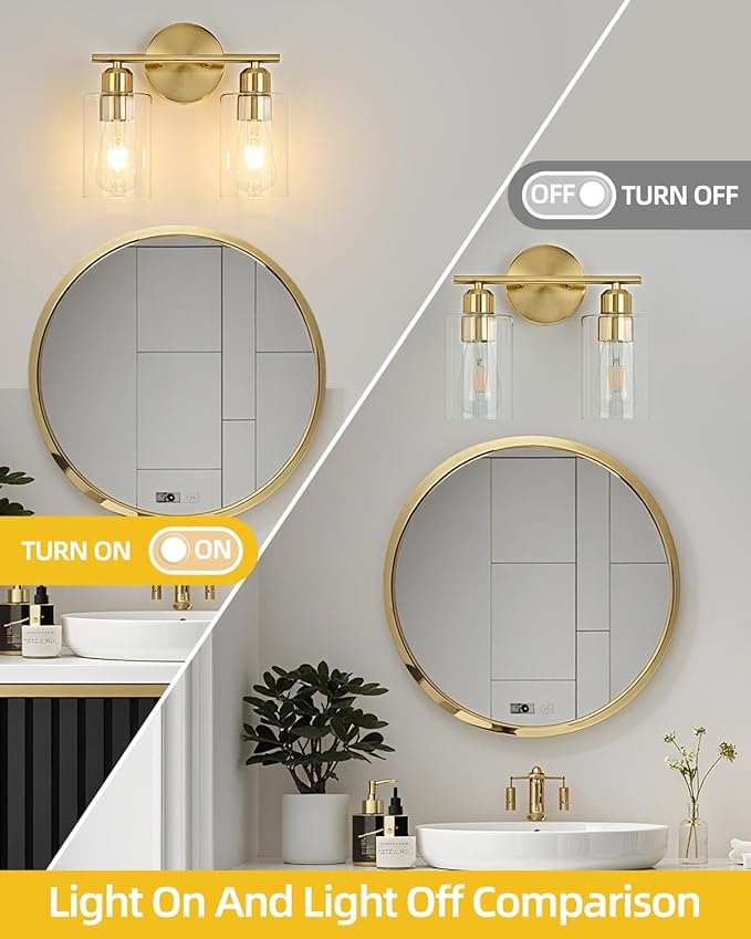 2-Light Bathroom Light Fixtures, Gold Bathroom Vanity Lights, Bathroom Lighting Fixtures Over Mirror with Clear Glass Shade, Wall Sconce Light for Bedroom, Living Room and Hallway
