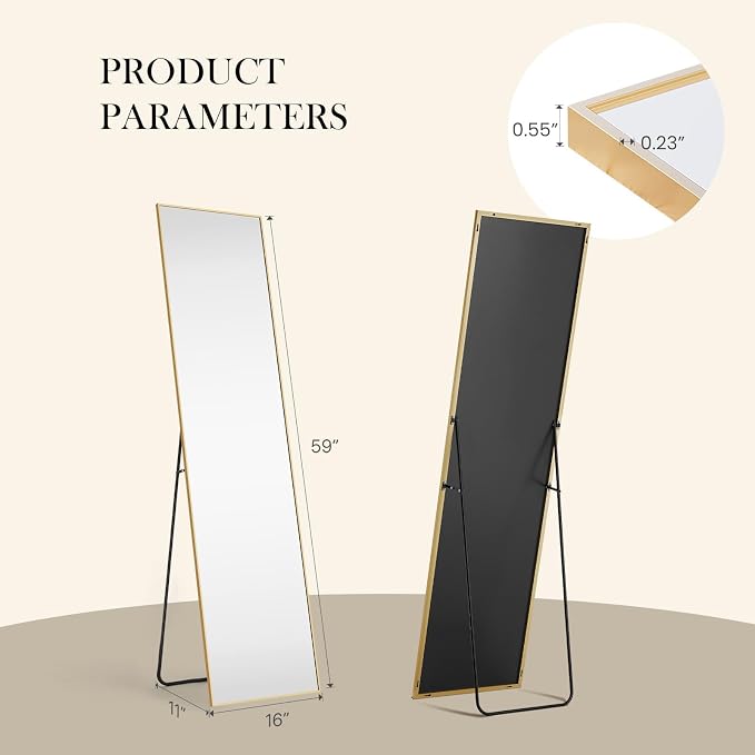 Full Length Floor Mirror, 15.75"x59" Body Wall Mirror Stand | Shatter-Proof Nano Glass, Tall Standing, Hanging or Leaning, Aluminum Alloy Frame for Bedroom, Modern Home Decor, Gold