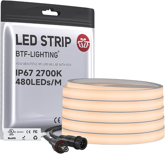 BTF-LIGHTING COB LED Strip Light, UL Listed Diffused Neon Light Warm White 2700K, IP67 Waterproof 16.4FT DC12V 10mm Width LED Light for Home Indoor DIY Lighting(No Adhesive, Adapter & Controller)