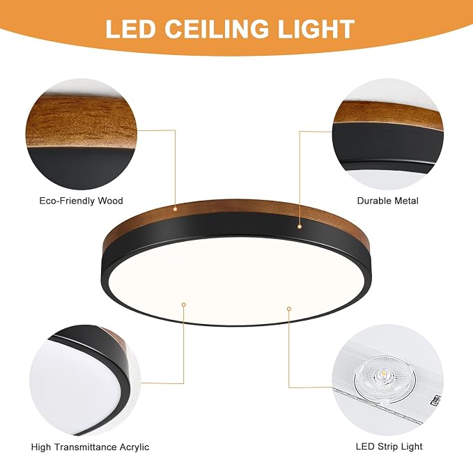 Modern Walnut Wood Black Flush Mount Ceiling Light 11.81 Inch | Round LED Low Profile Lighting Fixture For Kitchen Bedroom Bathroom Laundry Hallway Entryway Closet Living Room