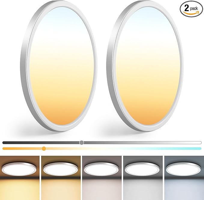 zemty 2Pack 13 inch White LED Flush Mount Ceiling Lights, Dimmable 5 Color Temp (3000K-6500K), 24W 2400LM Bright Round Light Fixture for Kitchen/Bathroom/Bedroom/Office