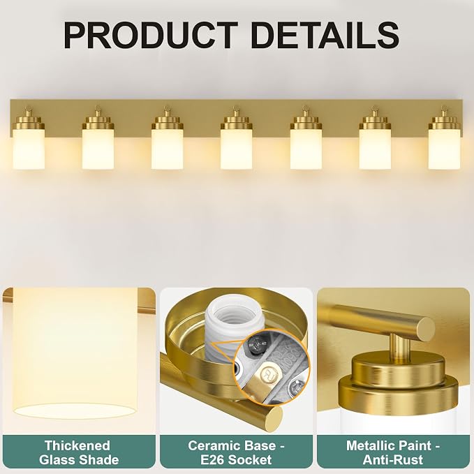 IZORRO Bathroom Vanity Light Fixture, 7-Light 52 inch Gold Bathroom Light Fixtures Over Mirror, with White Glass Shade, Modern Farmhouse Vanity Lights, Rustic Restroom Lighting Fixtures