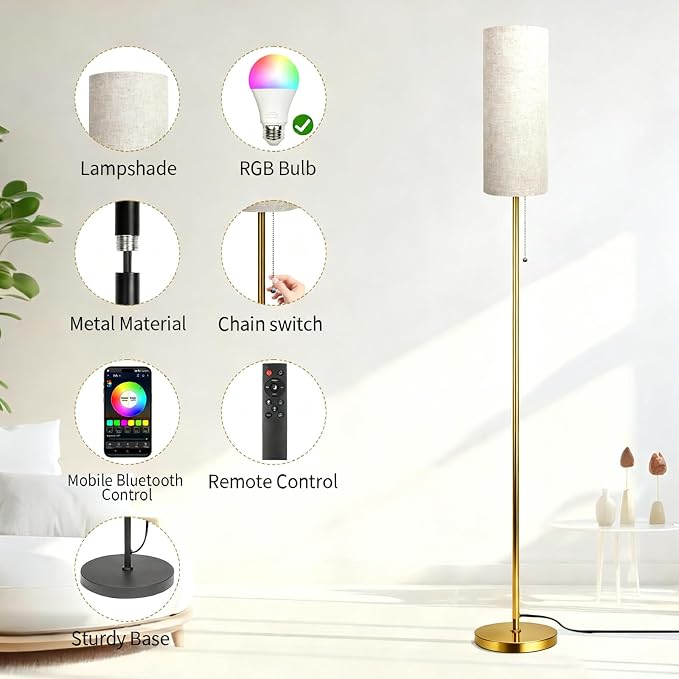 Floor Lamps for Living Room with RGB Color Changing Bulb Dimmable Color Brightness Standing Lamp with Remote Tall Lamps with Chain Switch for Bedroom Office 9W LED Bulb Included, Gold Body RGB Bulb