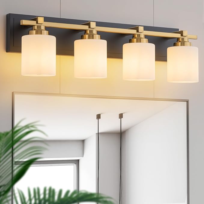 Modern Bathroom Light Fixtures Over Mirror, Vanity Lights for Bathroom Wall Sconces with Milky White Glass Shades, E26 Socket (Bulbs Not Included), 4 Light, Black Gold