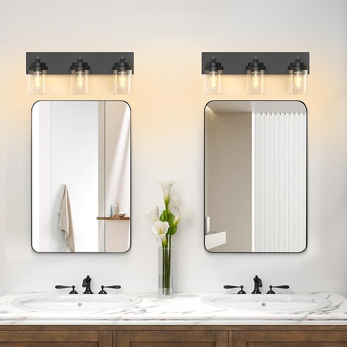 IZORRO Bathroom Vanity Light Fixture, 3-Light 22 Inch Matte Black Bathroom Light Fixtures Over Mirror, with Clear Glass Shade, Modern Farmhouse Vanity Lights, Rustic Restroom Lighting Fixtures