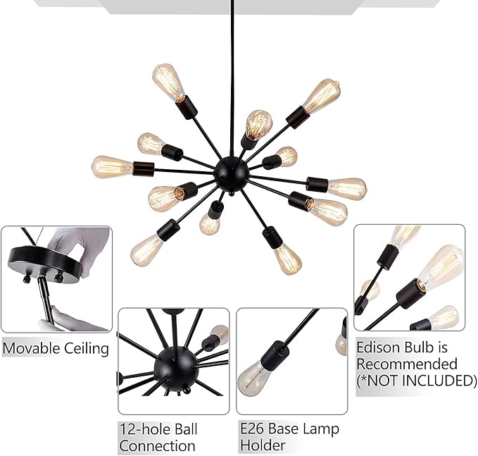 Sputnik Chandeliers Black, Modern 12-Light Farmhouse Pendant Light Mid Century Lighting Vintage Industrial Ceiling Hanging for Living Dining Room, Bedroom, Kitchen Island, Foyer