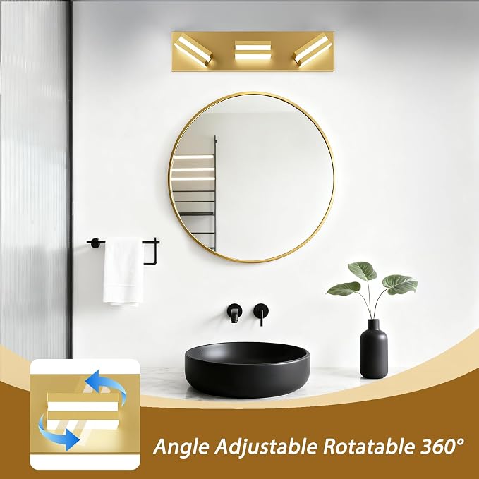 IZORRO LED Modern Bathroom Lights Fixtures(3-Light,Dimmable,360°Rotate),Brushed Glod Acrylic Wall Lighting,Vanity Lights for Bathroom Over Mirror - 6000k 16In （No Assembly Required）