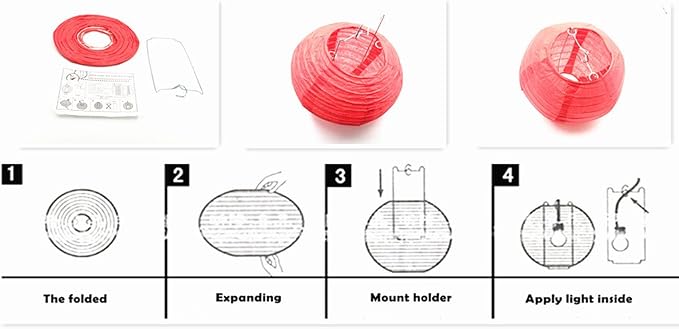 Folding Round Paper Lantern Reusable Chinese/Japanese Style Hanging Ornament Lamp Cover for Garden Birthday Party Decoration Supplies(Red,10pcs Assorted Sizes)