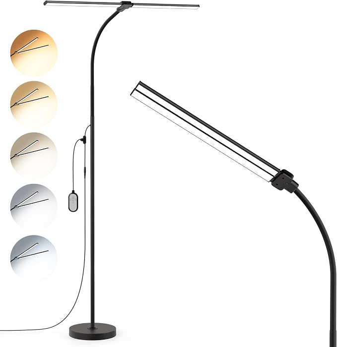 Dual-head LED Floor Lamp 20W 1400LM Adjustable Neck Color Changing Light | Adjustable Brightness & Color Temperature, Modern Corner Tall Standing Lamp for Living Room Office Bedroom Reading