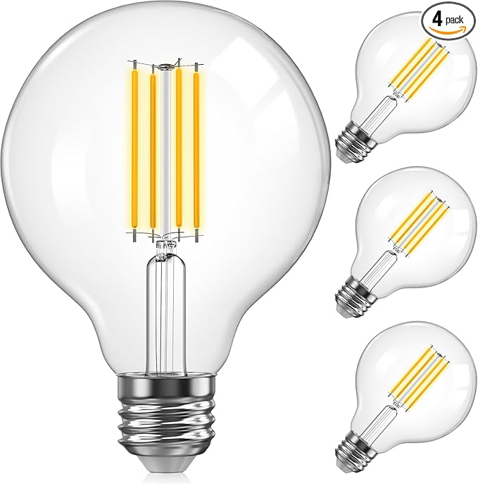 TJOY G25 Globe Light Bulbs, LED Edison Vanity Light Bulbs, Dimmable, 2700K Warm White, 500 Lumens, 5.5W=60W, CRI80, Clear Vintage Filament Globe, E26 Base, 4 Pack