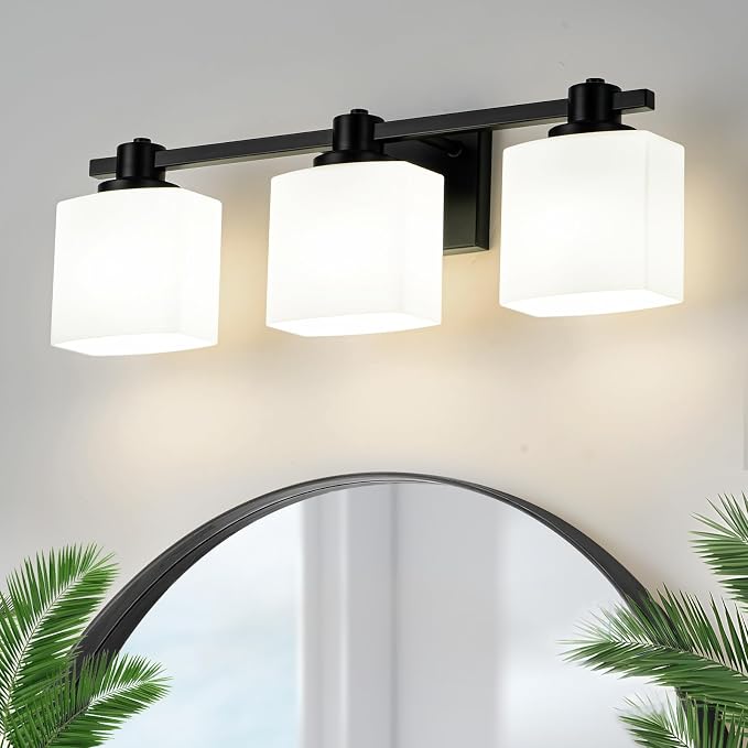 23 Inch Black Bathroom Light Fixtures over Mirror 3 Light Matte Black Vanity Light Milk Glass Makeup Shower Lamp Small Farmhouse Wall Sconce Modern Desk Vintage Rustic Bath above Sink Lighting