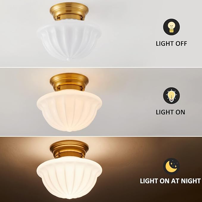 Schoolhouse Light Fixture Gold, 9" Modern Mid Century Semi Flush Mount Ceiling Light with Opal Milk Glass Shade for Bedroom, Kitchen, Dining Room, Bathroom, Hallway, Stairway, Entryway
