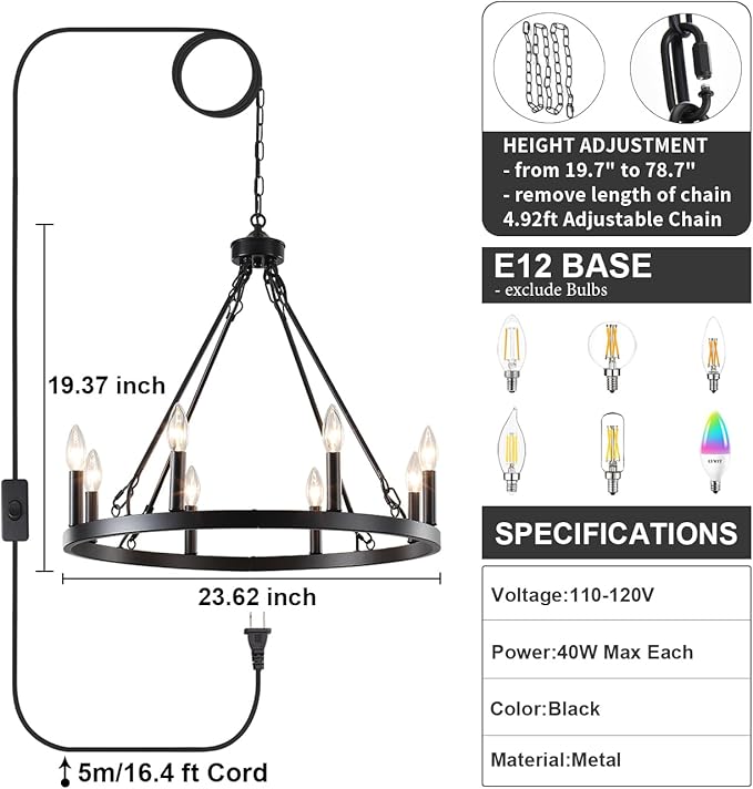 LASENCHOO Plug in Wagon Wheel Chandelier 8 Lights Dia 23.6" Black Round Farmhouse Chandeliers for Dining Room Light Fixture, Hanging Lights with Plug in Cord 16.4ft & Switch for Gazebo Hallway Foyer
