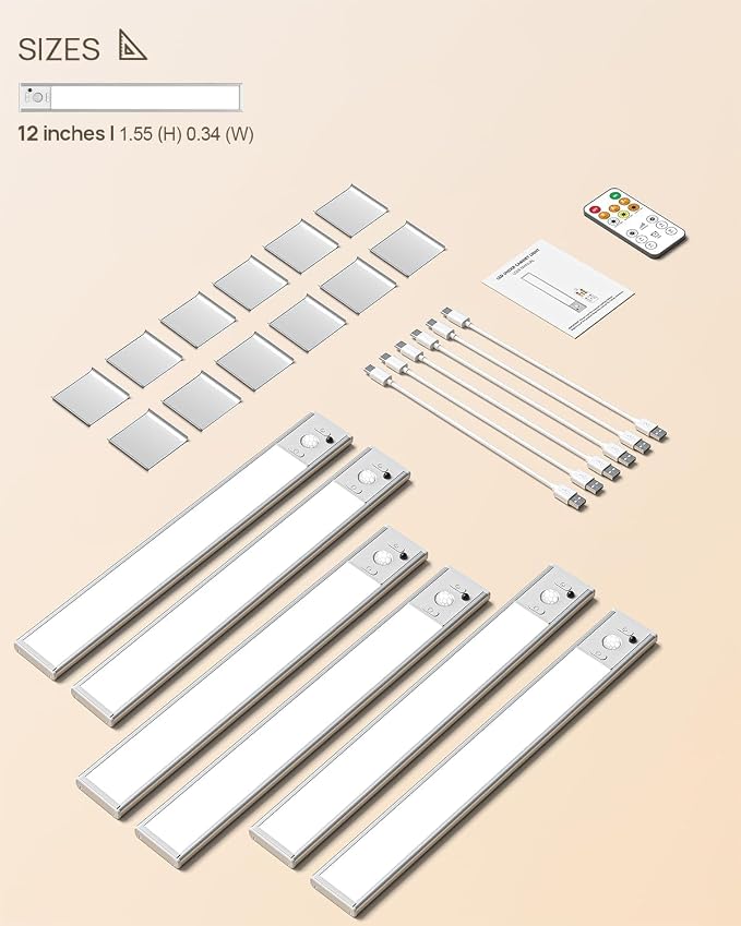 6 Pack Under Cabinet Lighting with Remote, 12inch Rechargeable Motion Sensor Light Indoor, LED Closet Light Wireless Dimmable & 3 Color Temps, Magnetic Under Counter Lights for Kitchen, Stairs