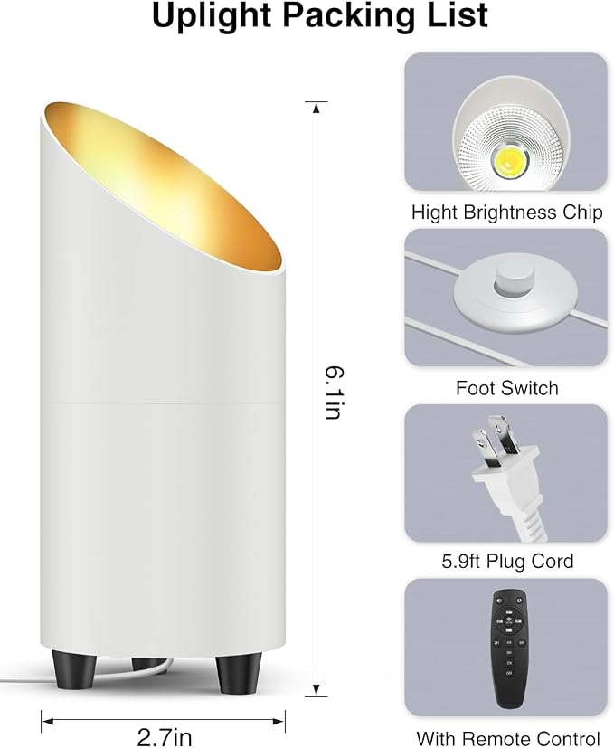4 Pack Uplighting Indoor, 7W LED Floor Can Lights with Remote, 5.9ft Cord Plug-in Spotlight for Indoor Plants, Wall & Art, 3 Color Temps, Auto-Loop Timer, Memory Function, Non-replaceable Bulb