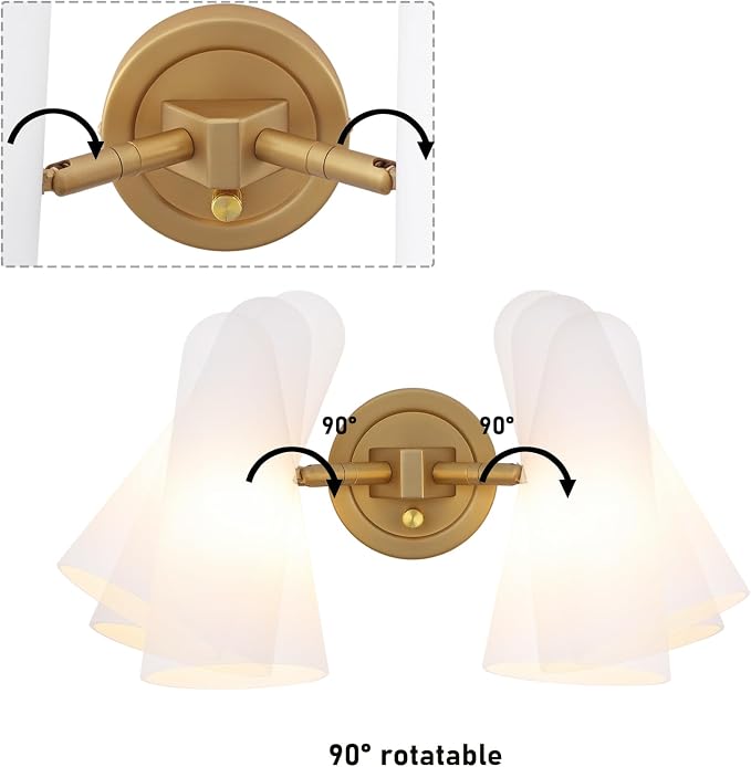 Modern 2-Lights Wall Sconces Lighting with Rotatable Frosted Milk White Glass Dimmer ON/Off Switch Gold Brass Bathroom Vanity Light Fixtures Indoor Wall Light for Mirror Living Room Bedroom