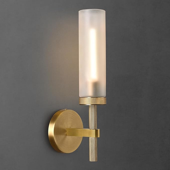 15" Knurled Brass Bathroom Wall Sconces,Frosted Glass Tube Brass Sconces Wall Lighting,Handmade Modern Hardwired Wall Sconce for Vanity,Mirror,Bedroom,Living Room,Hallway