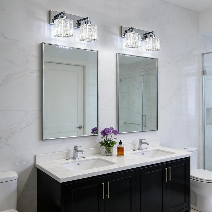 Brushed Chrome Crystal Bathroom Vanity Light, 2-Light Modern Bathroom Lighting Fixtures Over Mirror,Chrome Wall Sconce Light Fixtures with Square Shade