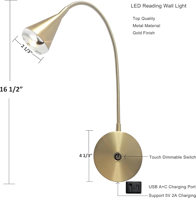 HomeFocus Wall Light,LED Wall Lamp,Eye-Caring Bedside Reading Wall Light,Gold
